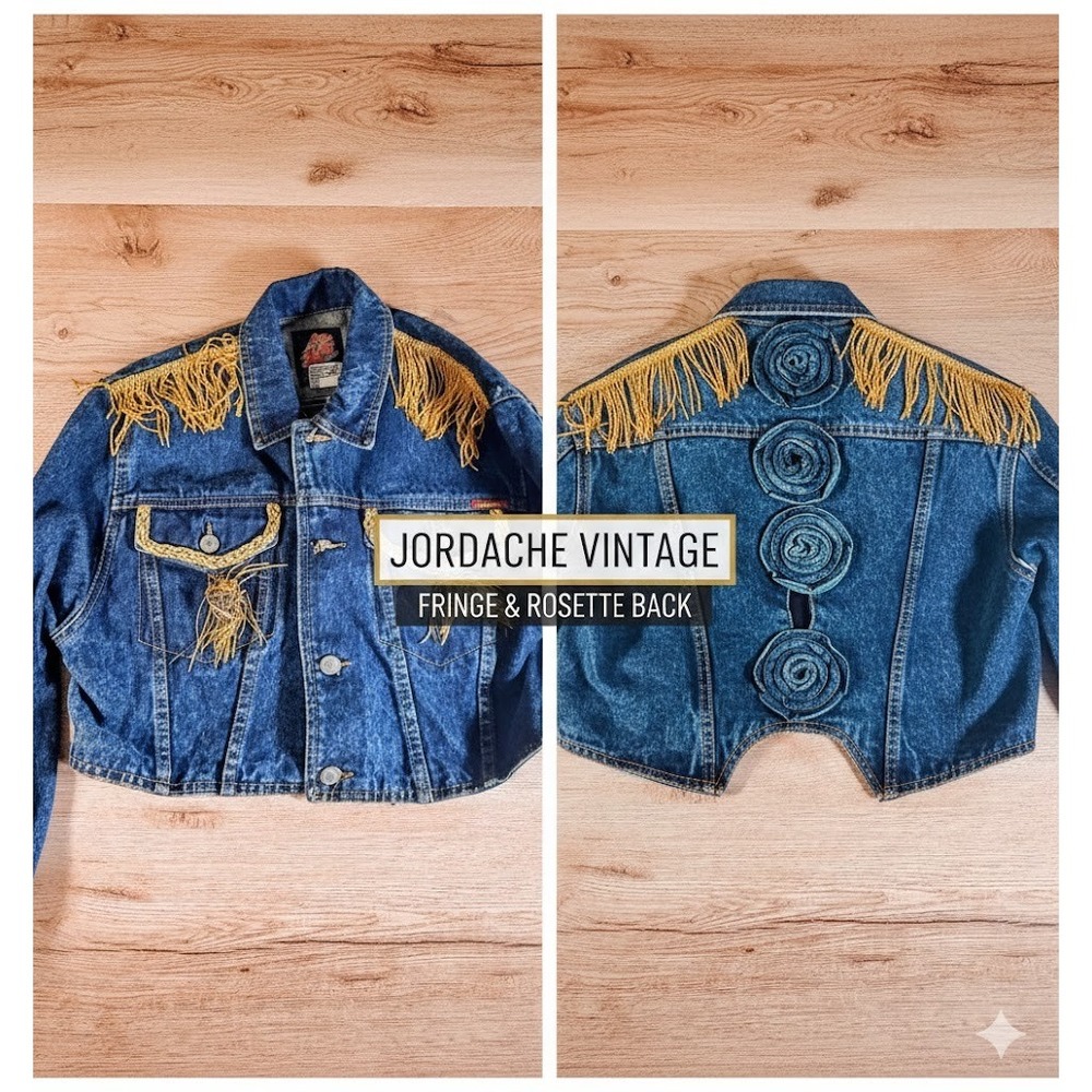 VTG Jordache M Denim Jacket hand-made embellished gold fringeβ Cowgirl, festival